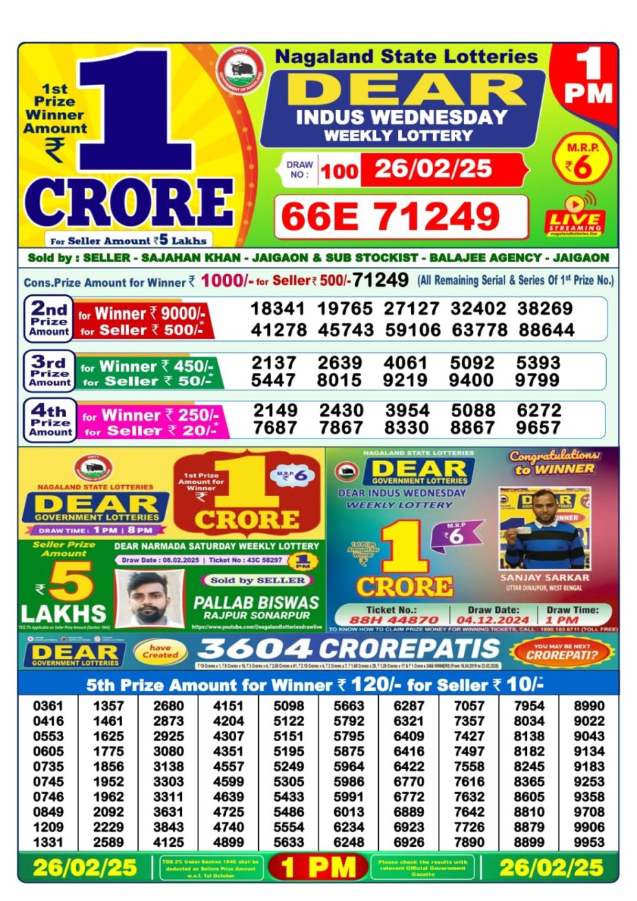 Lottery Sambad Result Today, February  26, 2025, 1 PM, 6 PM, 8 PM Draws, Live Updates, Winning Number