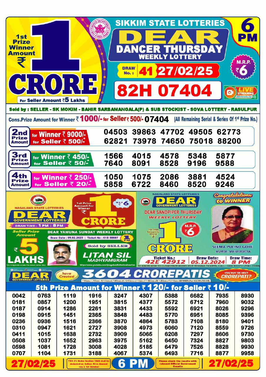Lottery Sambad Result Today, February  27, 2025, 1 PM, 6 PM, 8 PM Draws, Live Updates, Winning Number