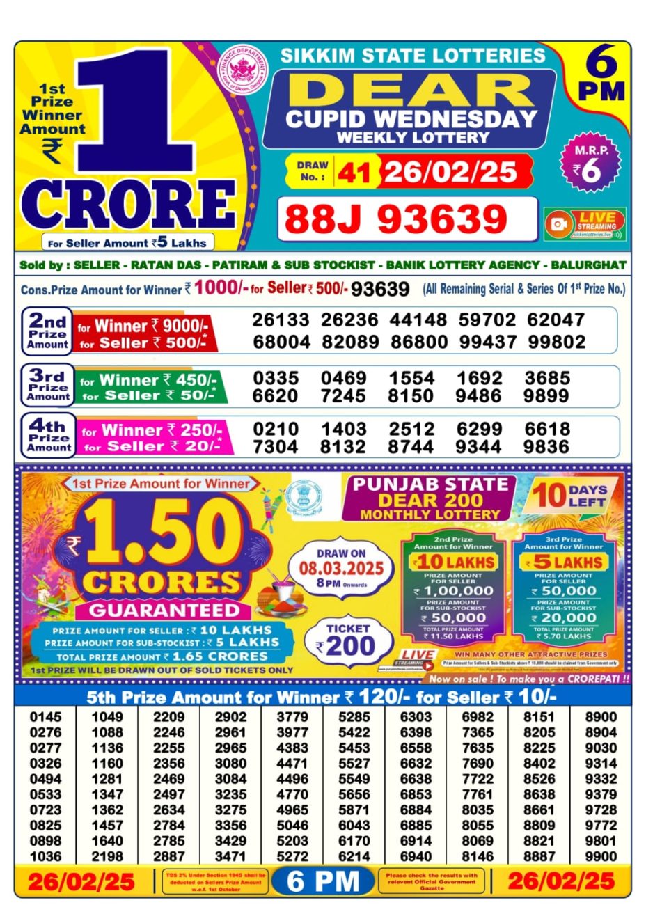Lottery Sambad Result Today, February  26, 2025, 1 PM, 6 PM, 8 PM Draws, Live Updates, Winning Number