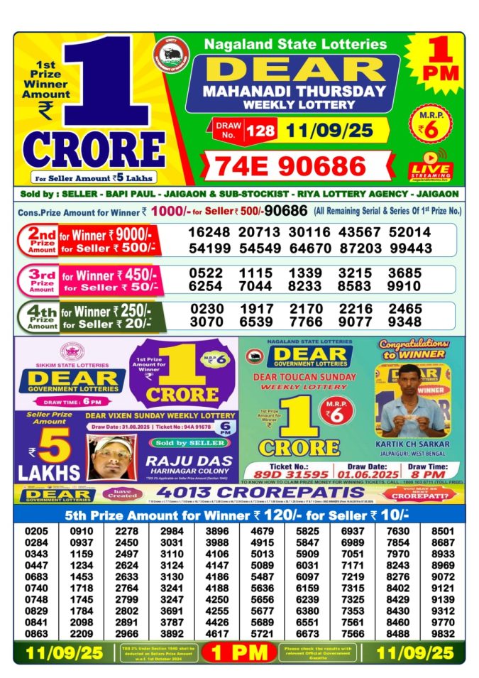 Lottery Sambad Result Today, September 11, 2025, 1 PM, 6 PM, 8 PM Draws, Live Updates, Winning Number
