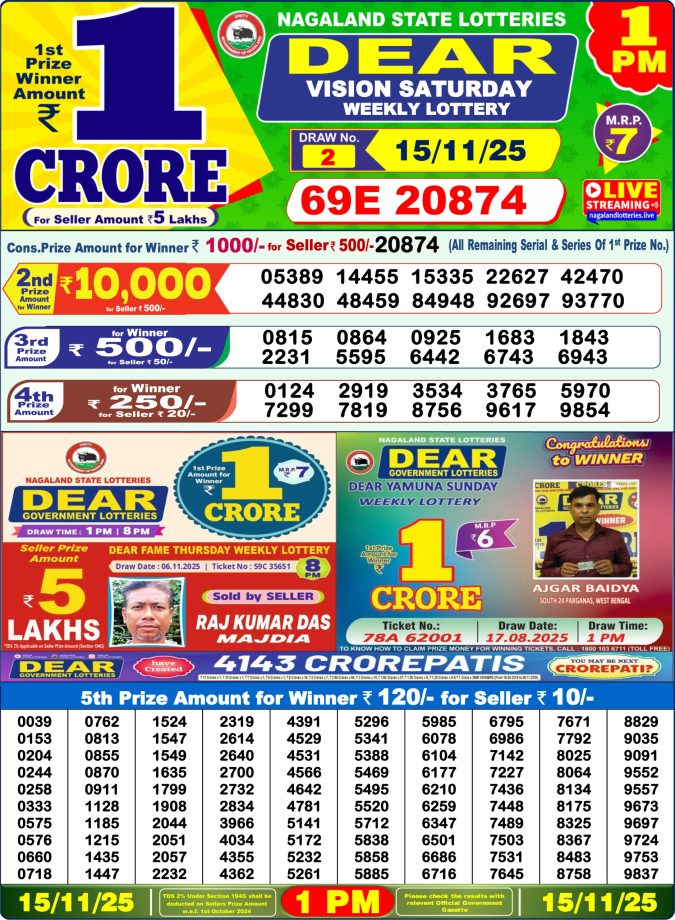 Lottery Sambad 1PM Result 15/04/25