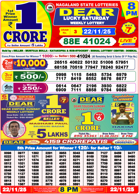 Lottery Sambad Result Today, November 22, 2025, 1 PM, 6 PM, 8 PM Draws, Live Updates, Winning Number
